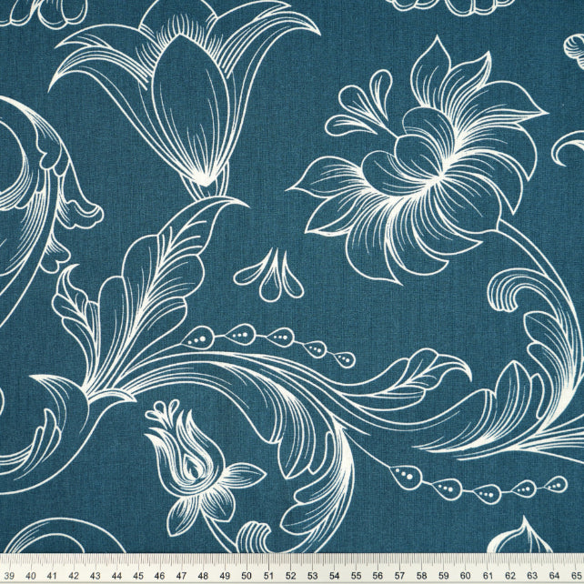 Tissu Coton Contours de Fleurs Bleu Jeans | Laize 1m55