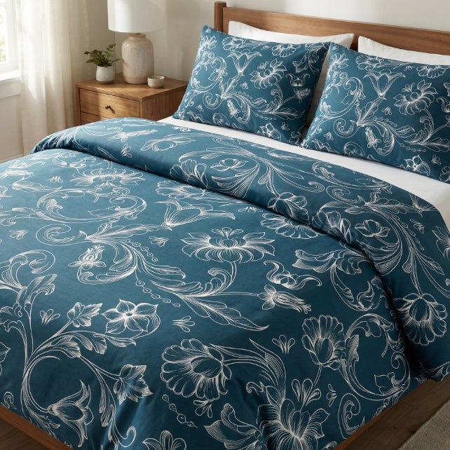 Tissu Coton Contours de Fleurs Bleu Jeans | Laize 1m55