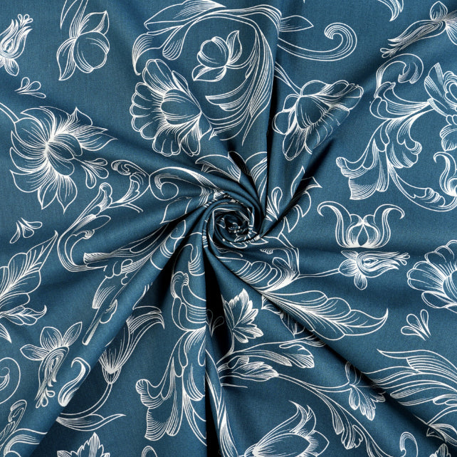 Tissu Coton Contours de Fleurs Bleu Jeans | Laize 1m55