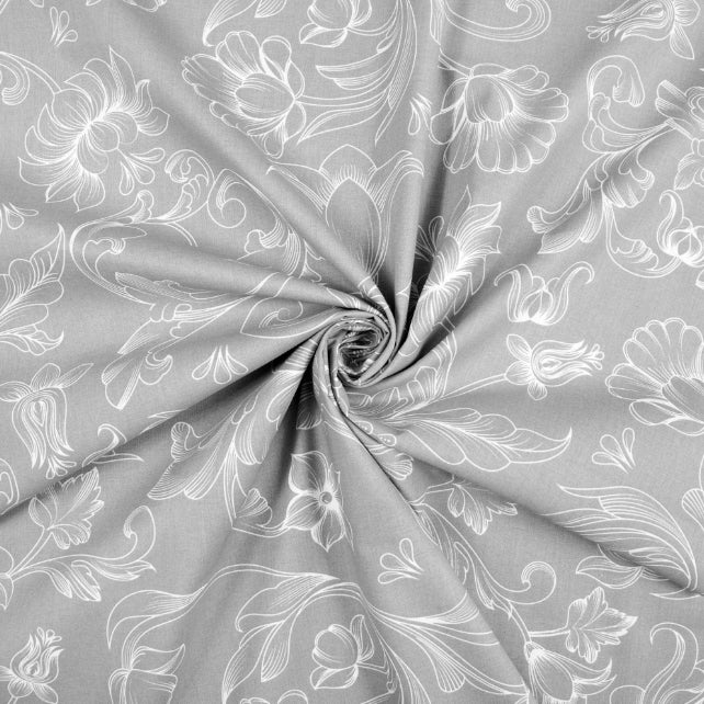 Tissu Coton Contours de Fleurs Gris Clair | Laize 1m55