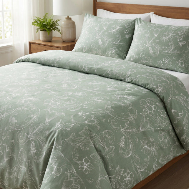 Tissu Coton Contours de Fleurs Vert Olive | Laize 1m55