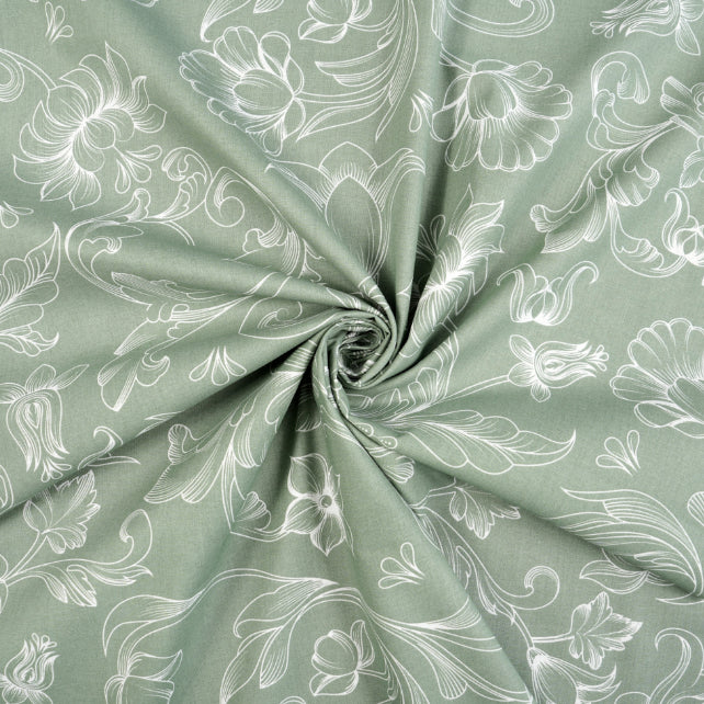 Tissu Coton Contours de Fleurs Vert Olive | Laize 1m55