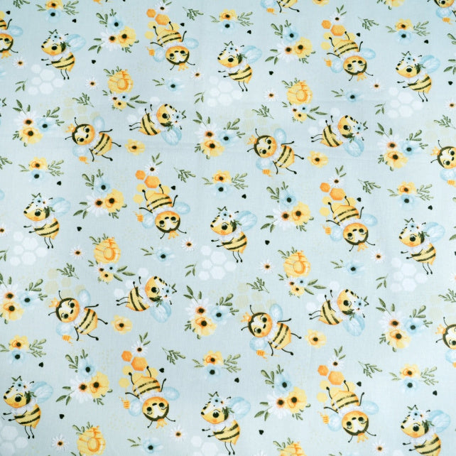 Tissu Coton Abeilles et Fleurs Fond Bleu | Laize 1m55
