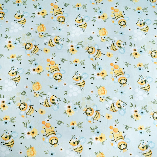 Tissu Coton Abeilles et Fleurs Fond Bleu | Laize 1m55