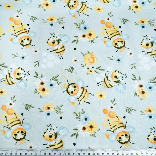 Tissu Coton Abeilles et Fleurs Fond Bleu | Laize 1m55