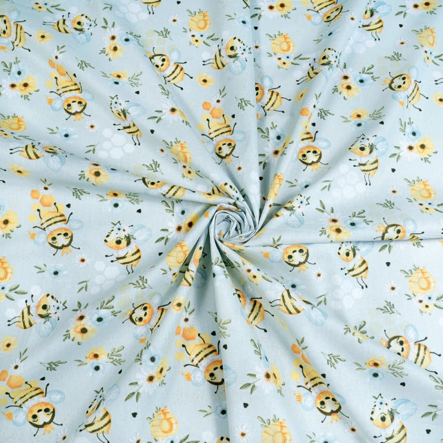 Tissu Coton Abeilles et Fleurs Fond Bleu | Laize 1m55