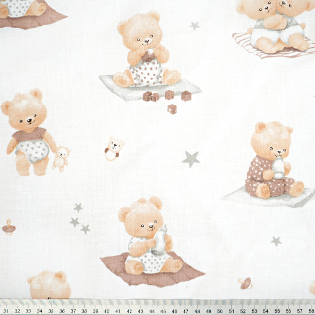 Tissu Coton Baby Ourson Teddy Etoiles Fond Blanc | Laize 1m55