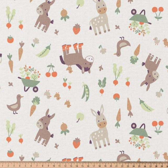 Tissu Coton Animaux Baudet Fond Ecru | Laize 1m50