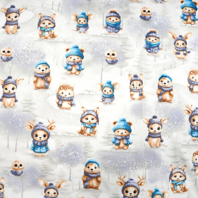 Tissu Coton Animaux de la Forêt Bleu Hiver | Laize 1m55