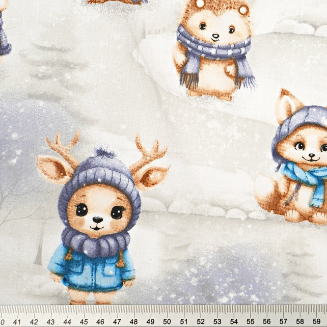 Tissu Coton Animaux de la Forêt Bleu Hiver | Laize 1m55