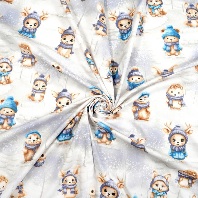Tissu Coton Animaux de la Forêt Bleu Hiver | Laize 1m55