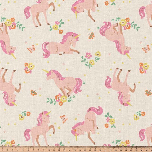 Tissu Coton Licorne Lili Rose Fond Ecru | Laize 1m50