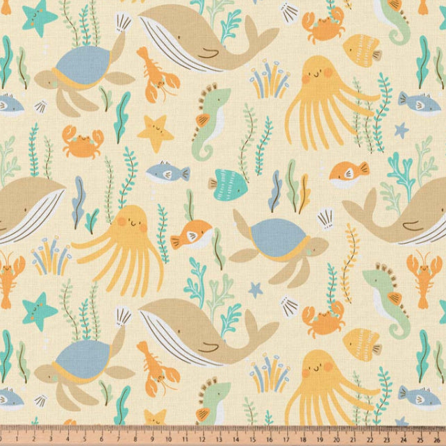 Tissu Coton Animaux Marins Bubly Fond Jaune | Laize 1m50