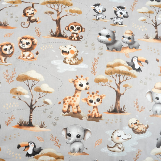 Tissu Coton Animaux Africains Bruns Fond Gris | Laize 1m55