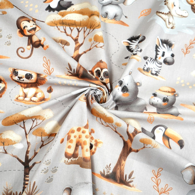 Tissu Coton Animaux Africains Bruns Fond Gris | Laize 1m55