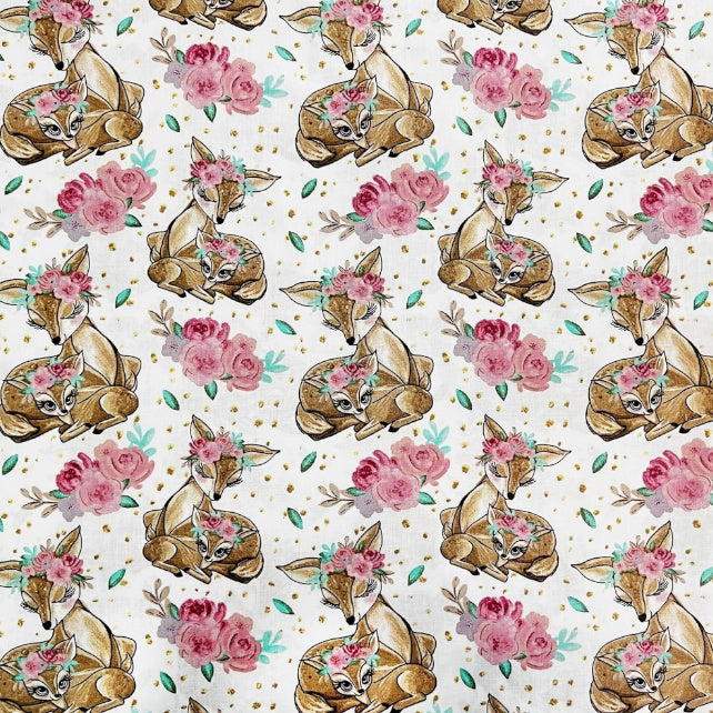 Tissu Coton Biches et Roses Fond Blanc | Laize 1m55