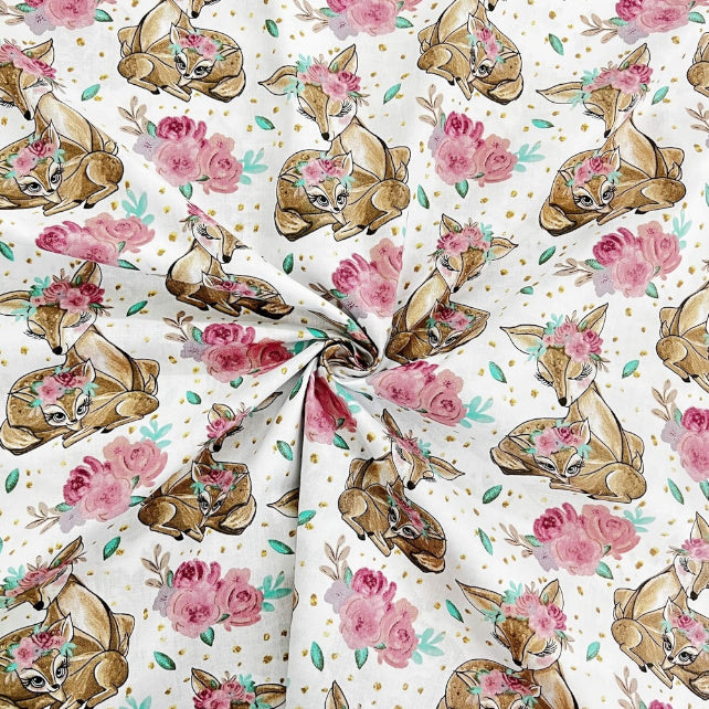 Tissu Coton Biches et Roses Fond Blanc | Laize 1m55