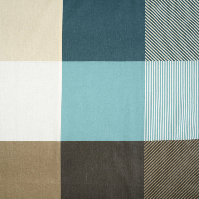 Tissu Coton Géométrique Grands Carrés Beige Turquoise | Laize 1m55