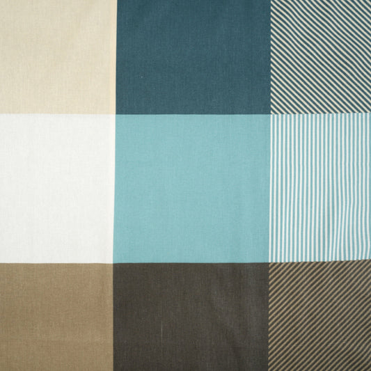 Tissu Coton Géométrique Grands Carrés Beige Turquoise | Laize 1m55