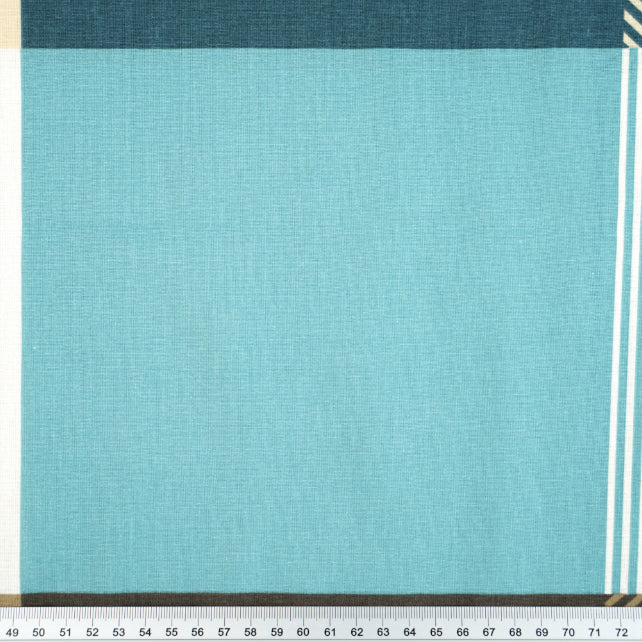 Tissu Coton Géométrique Grands Carrés Beige Turquoise | Laize 1m55