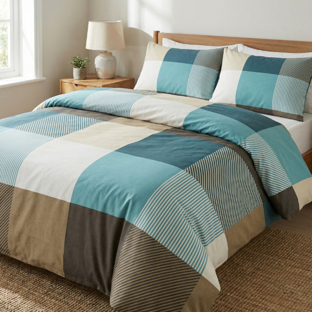 Tissu Coton Géométrique Grands Carrés Beige Turquoise | Laize 1m55