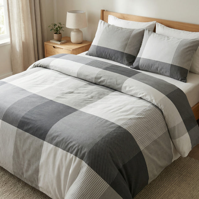 Tissu Coton Géométrique Grands Carrés Gris Brun | Laize 1m55