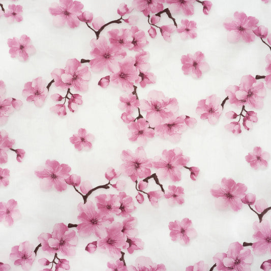 Tissu Coton Cerisier Fleurs Roses Fond Blanc | Laize 1m55