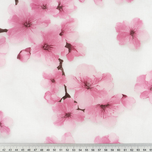 Tissu Coton Cerisier Fleurs Roses Fond Blanc | Laize 1m55