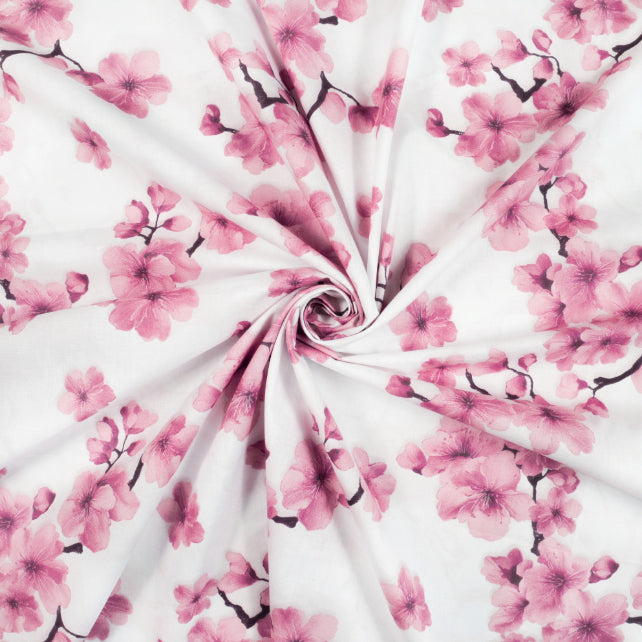 Tissu Coton Cerisier Fleurs Roses Fond Blanc | Laize 1m55