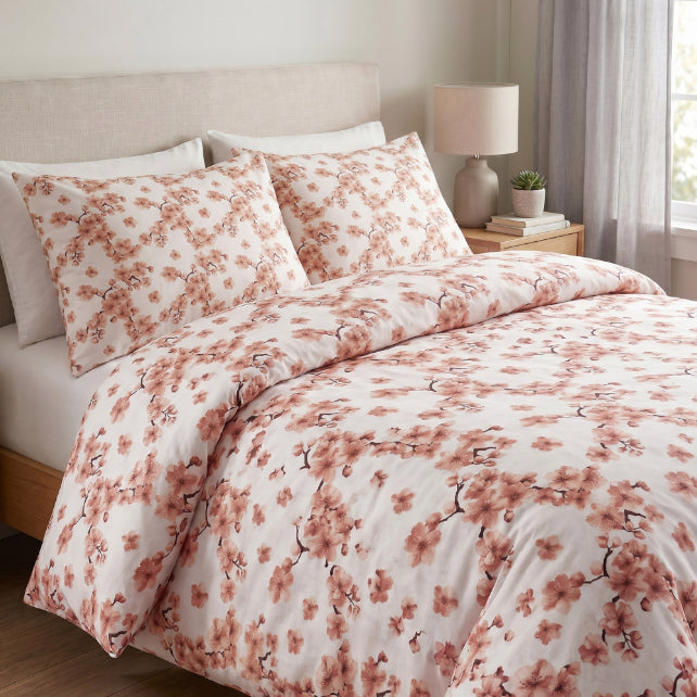 Tissu Coton Cerisier Fleurs Saumon Fond Blanc | Laize 1m55