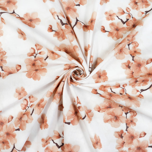 Tissu Coton Cerisier Fleurs Saumon Fond Blanc | Laize 1m55