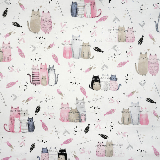 Tissu Coton Chats Rose et Beige Fond Blanc | Laize 1m60