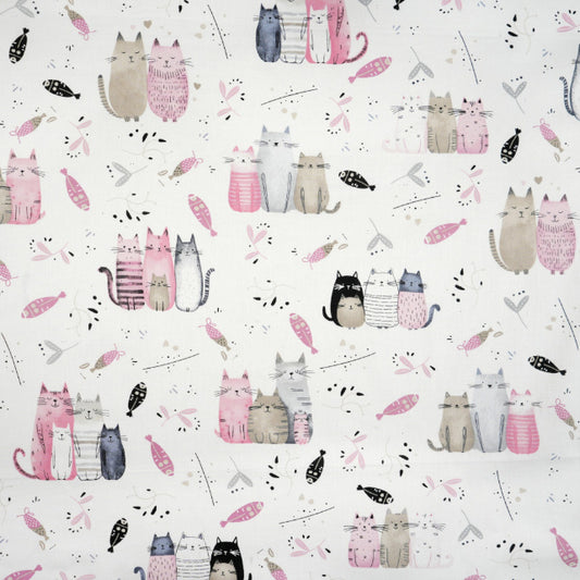 Tissu Coton Chats Rose et Beige Fond Blanc | Laize 1m60