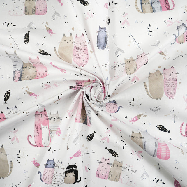 Tissu Coton Chats Rose et Beige Fond Blanc | Laize 1m60