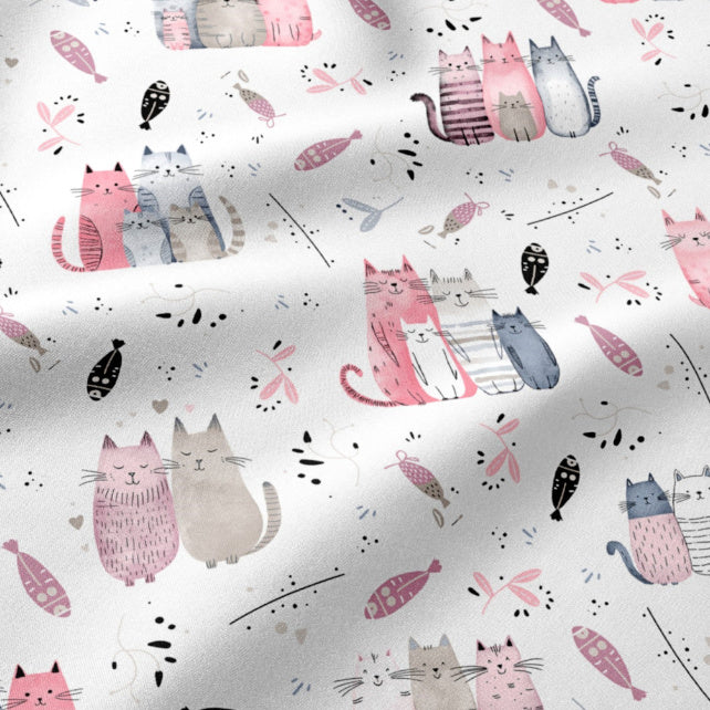Tissu Coton Chats Rose et Beige Fond Blanc | Laize 1m60