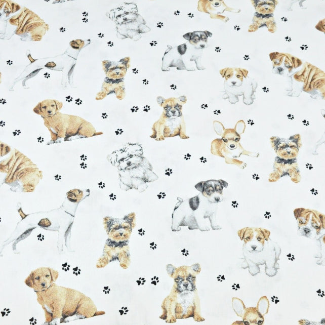 Tissu Coton Chiots et Pattes Sur Fond Blanc | Laize 1m55