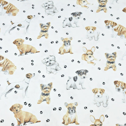 Tissu Coton Chiots et Pattes Sur Fond Blanc | Laize 1m55