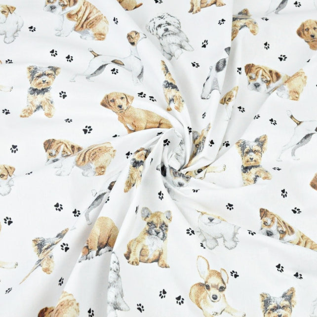 Tissu Coton Chiots et Pattes Sur Fond Blanc | Laize 1m55