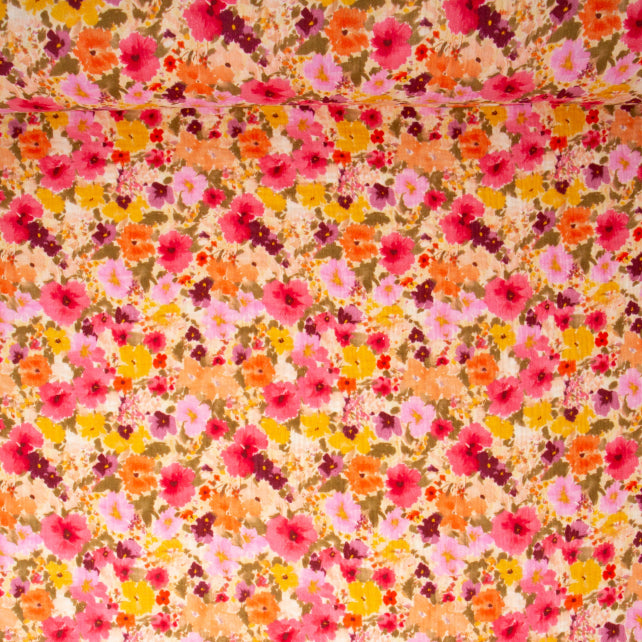Tissu Double Gaze De Coton Imprimé | Fleurs Rebecca Orange