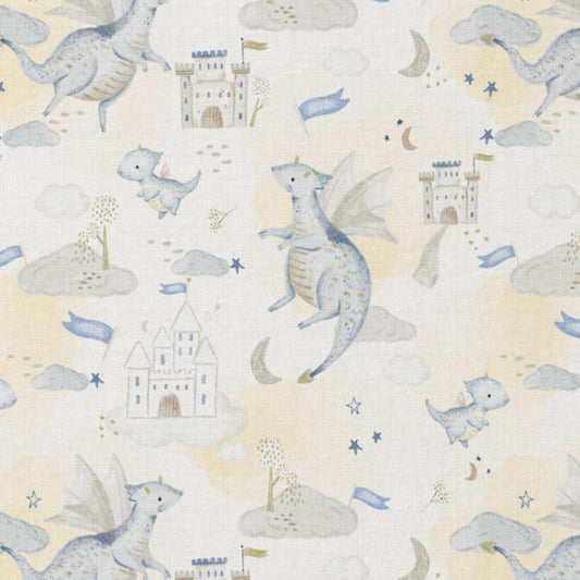 Tissu Coton Dragon Bleu Edrax Fond Ecru | Laize 1m50