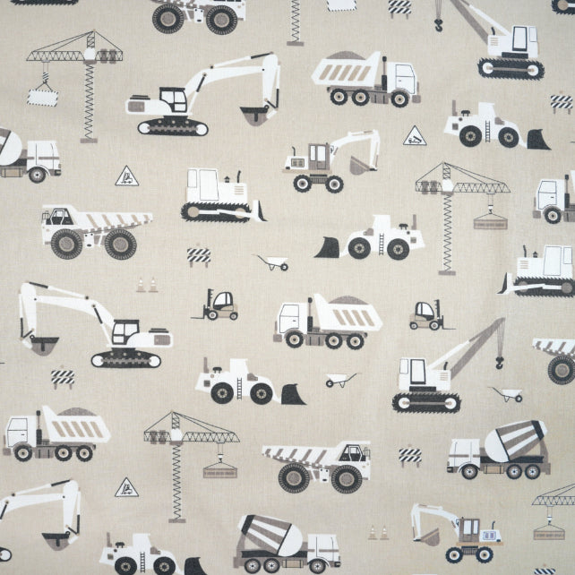 Tissu Coton Engins de Chantier Fond Beige | Laize 1m55