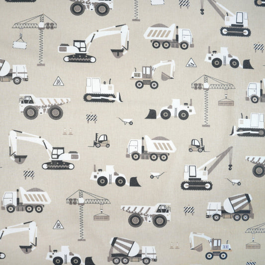 Tissu Coton Engins de Chantier Fond Beige | Laize 1m55