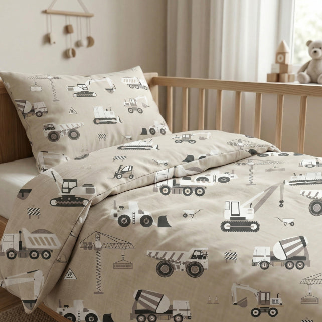Tissu Coton Engins de Chantier Fond Beige | Laize 1m55