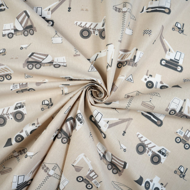 Tissu Coton Engins de Chantier Fond Beige | Laize 1m55