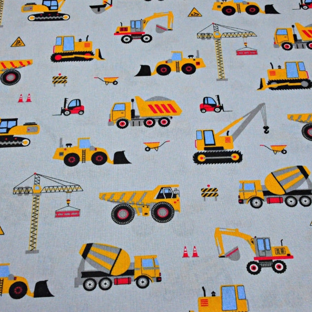 Tissu Coton Engins de Chantier Fond Gris | Laize 1m55