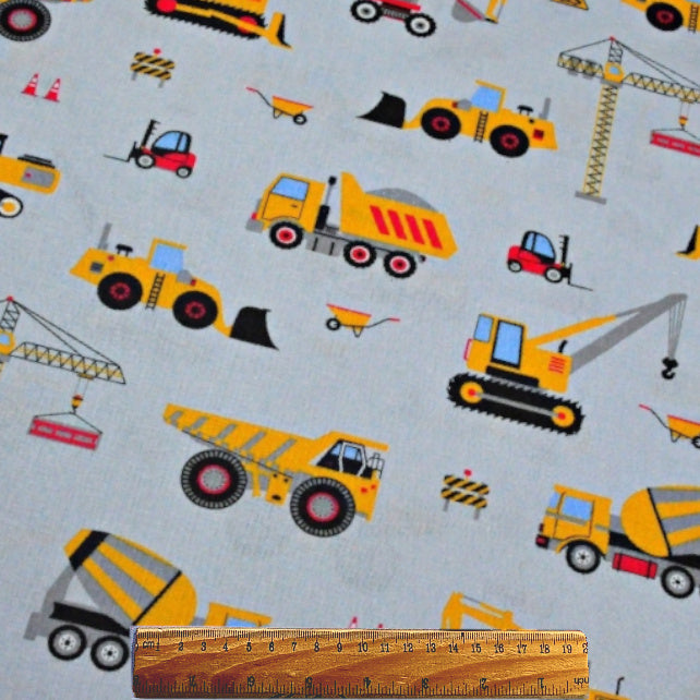 Tissu Coton Engins de Chantier Fond Gris | Laize 1m55