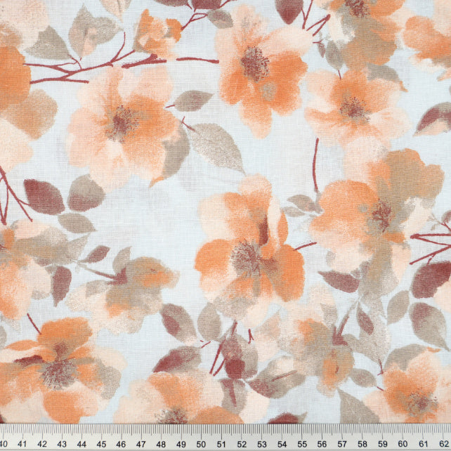 Tissu Coton Fleurs Beiges Oranges Fond Gris | Laize 1m55