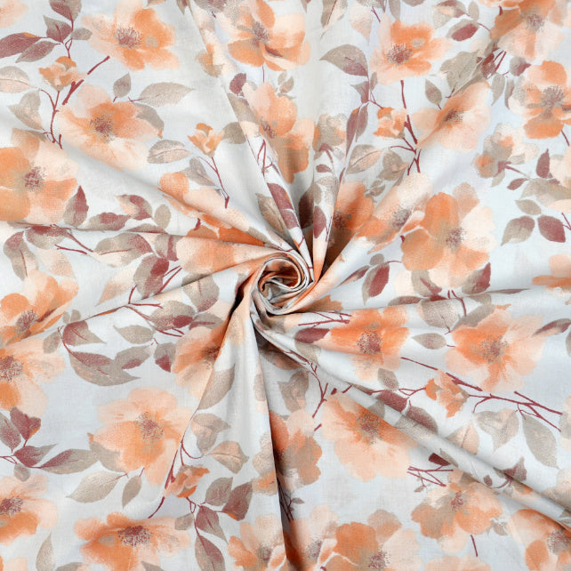 Tissu Coton Fleurs Beiges Oranges Fond Gris | Laize 1m55