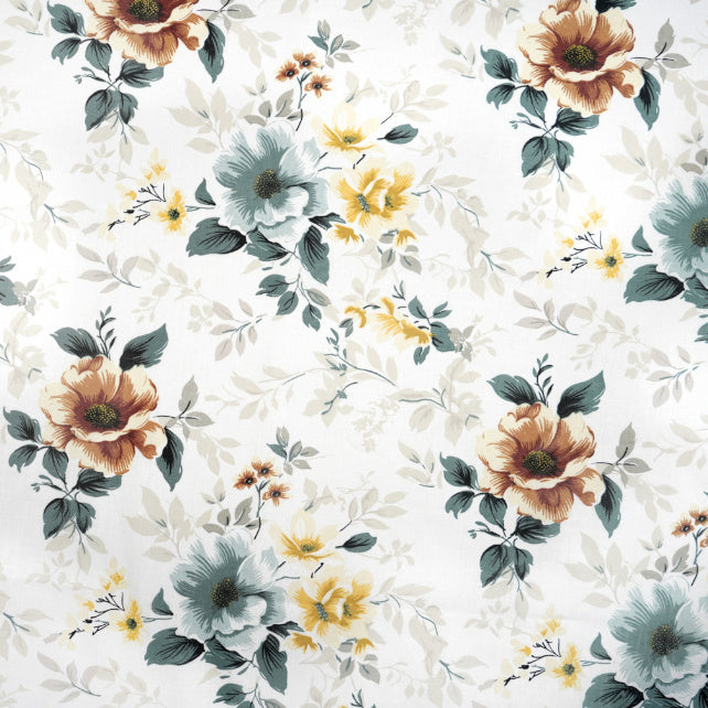 Tissu Coton Fleurs Brune et Sage Fond Blanc | Laize 1m55