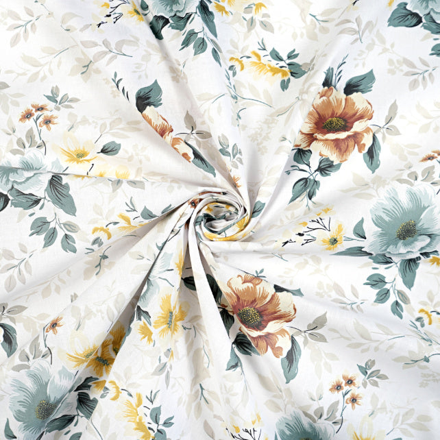 Tissu Coton Fleurs Brune et Sage Fond Blanc | Laize 1m55